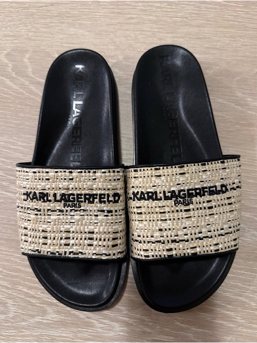 Karl Lagerfeld Black Footbed with Natural Woven Strap Slide Sandals